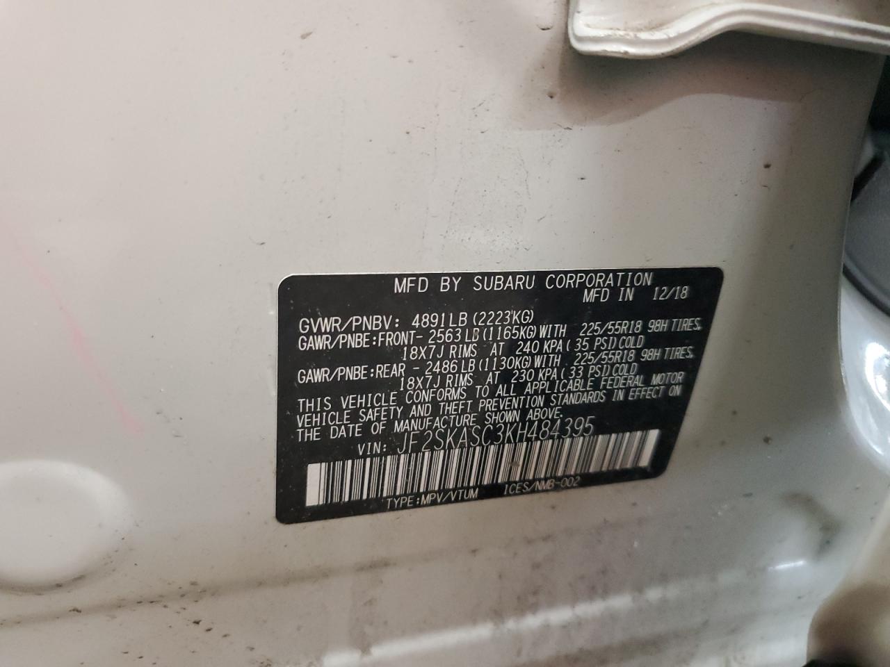 2019 Subaru Forester Limited VIN: JF2SKASC3KH484395 Lot: 49066905