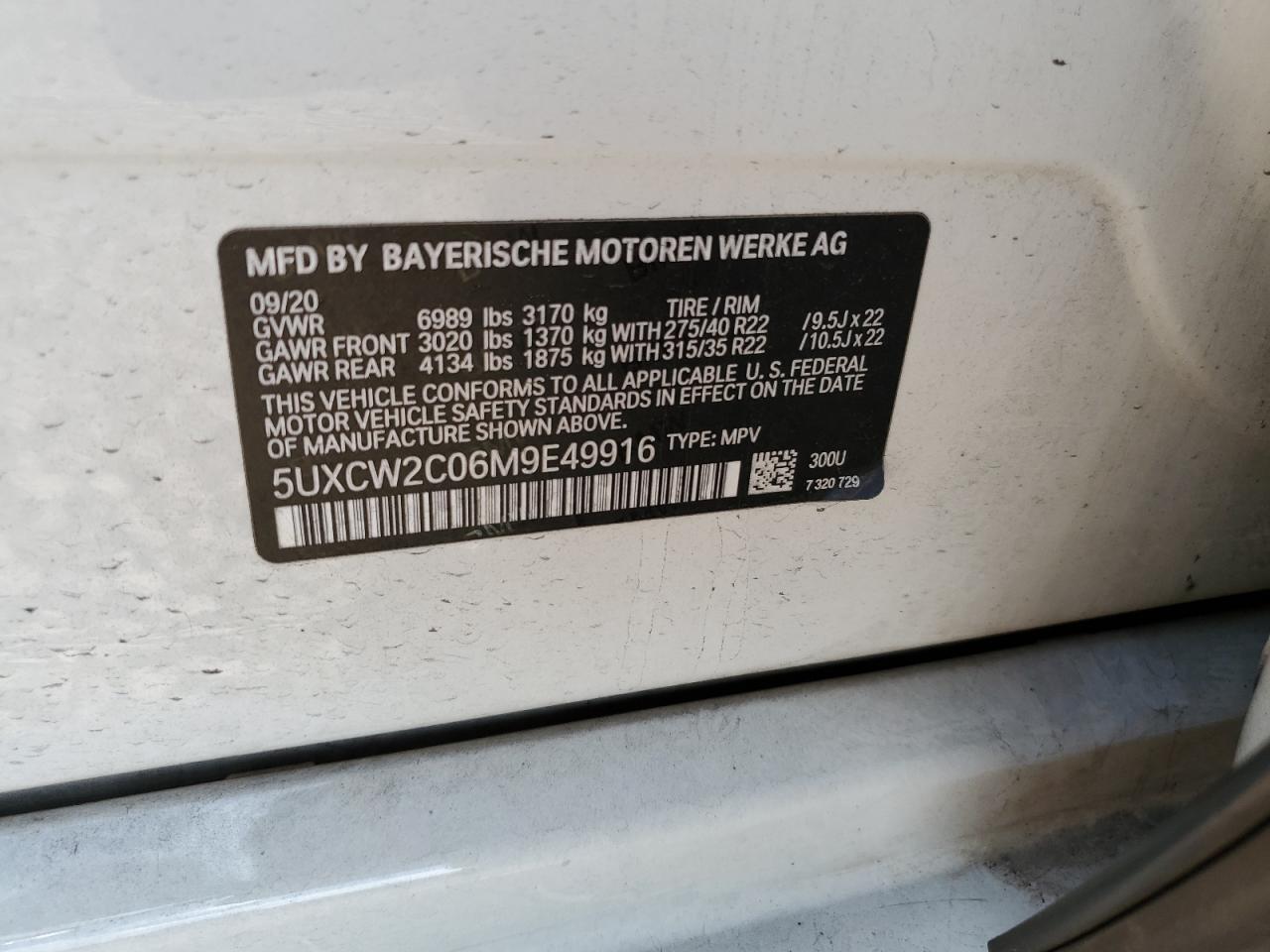 2021 BMW X7 xDrive40I VIN: 5UXCW2C06M9E49916 Lot: 46943535