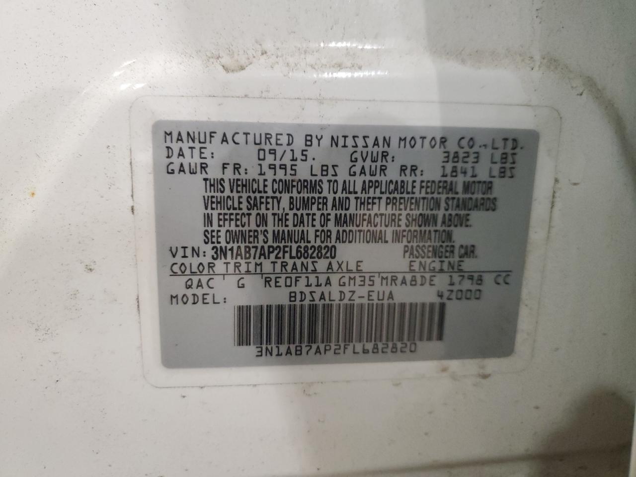 2015 Nissan Sentra S VIN: 3N1AB7AP2FL682820 Lot: 49738365