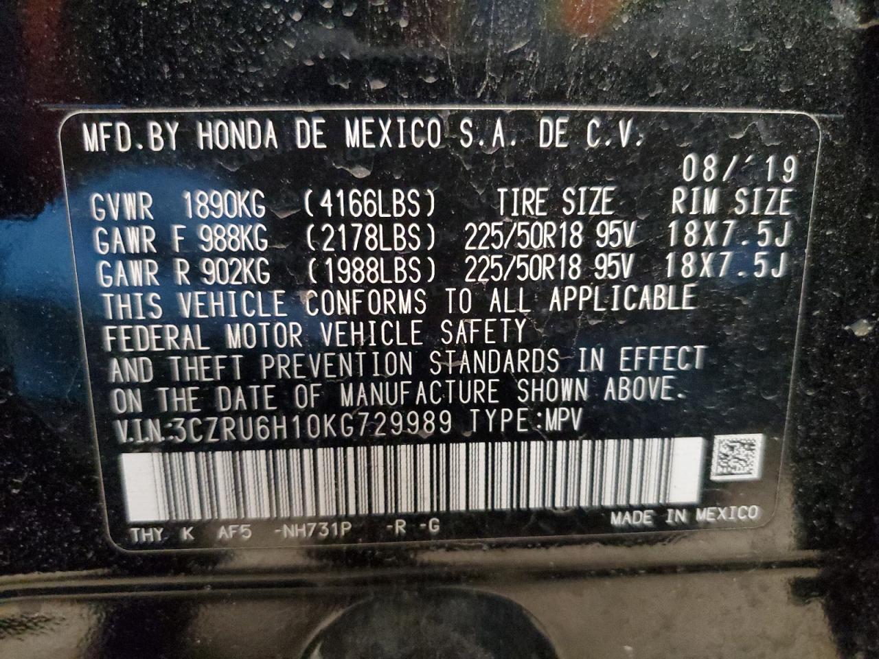 3CZRU6H10KG729989 HONDA HR-V 2019