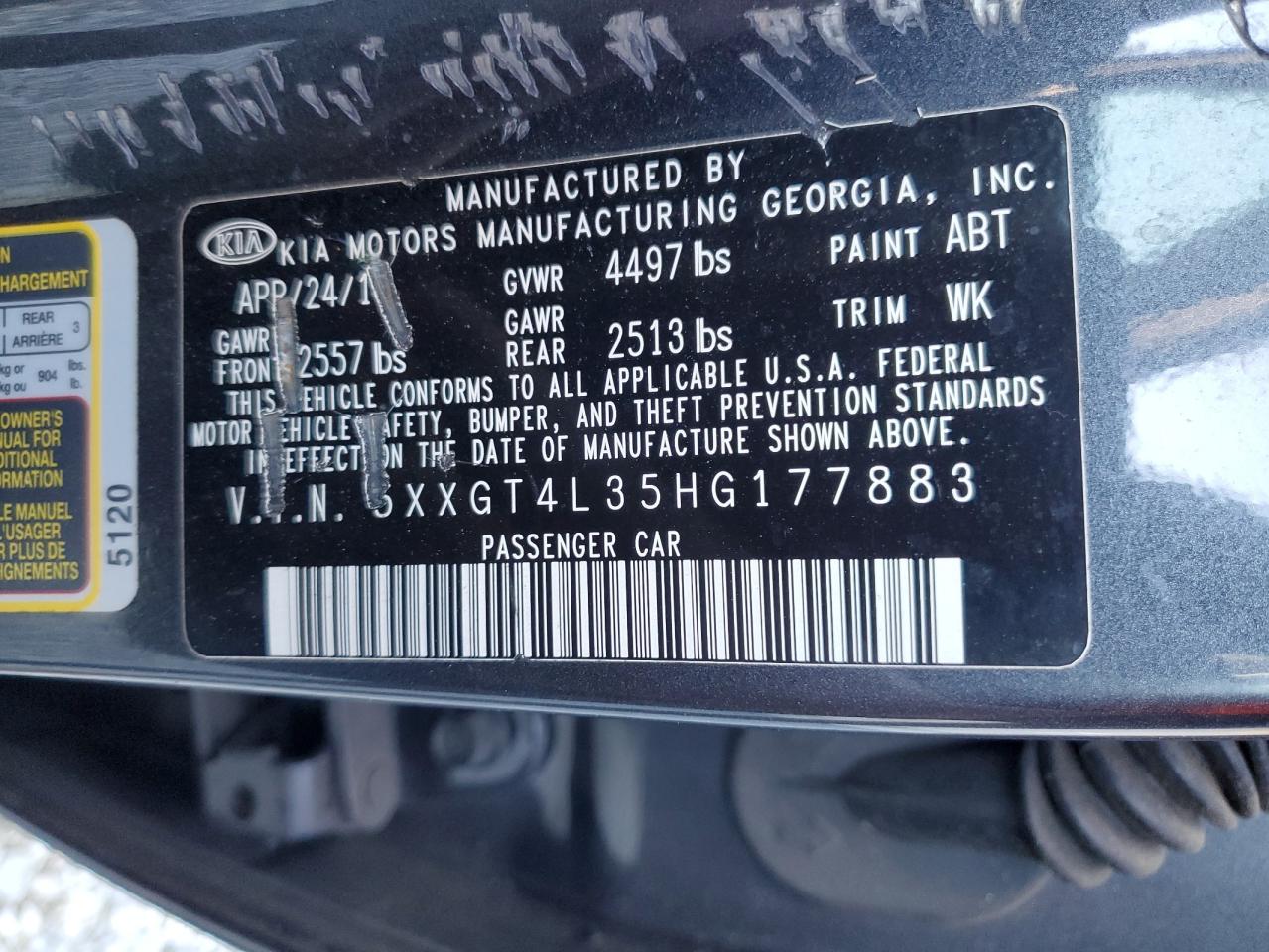 2017 Kia Optima Lx VIN: 5XXGT4L35HG177883 Lot: 50220195