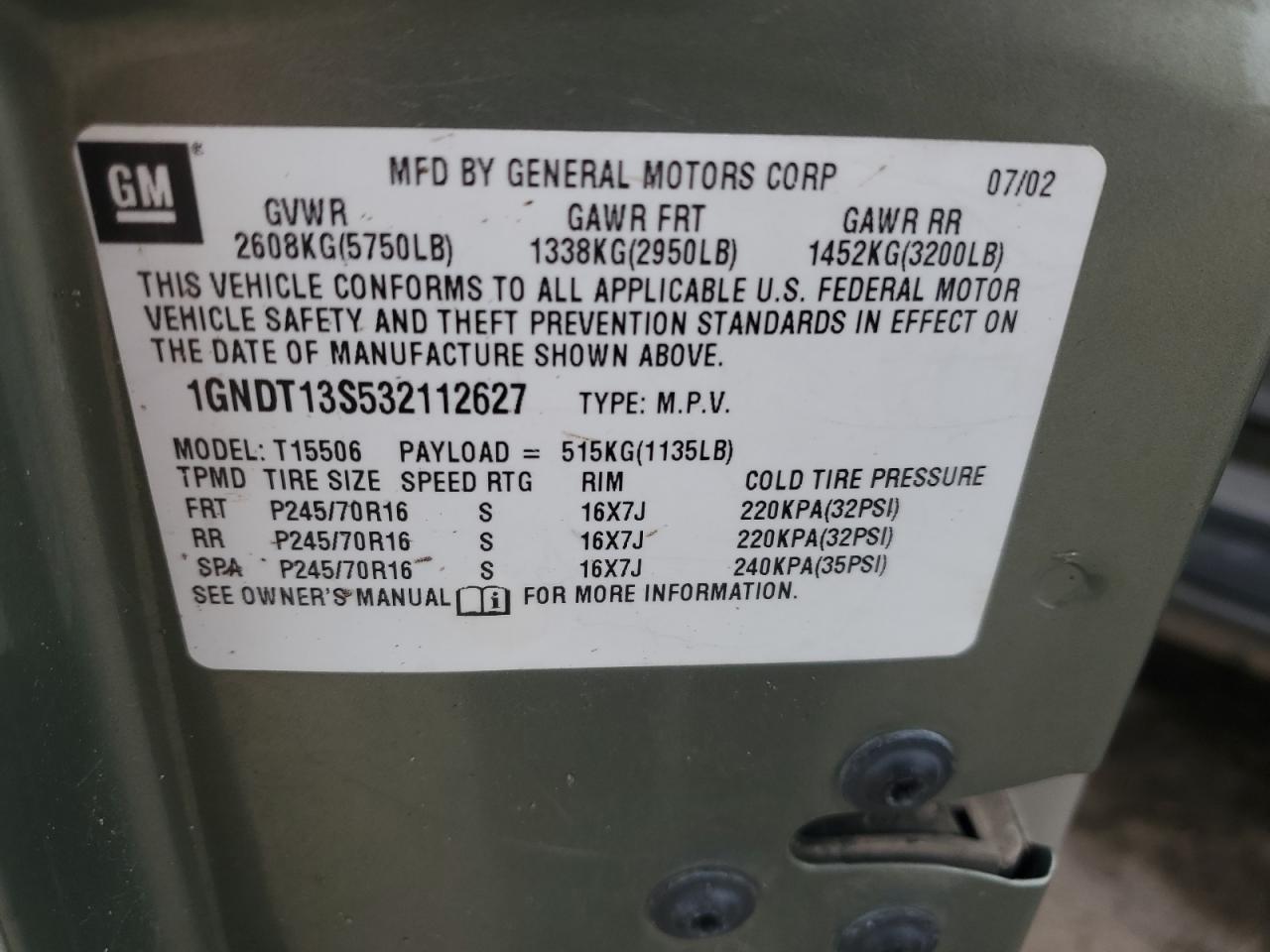 2003 Chevrolet Trailblazer VIN: 1GNDT13S532112627 Lot: 62495635