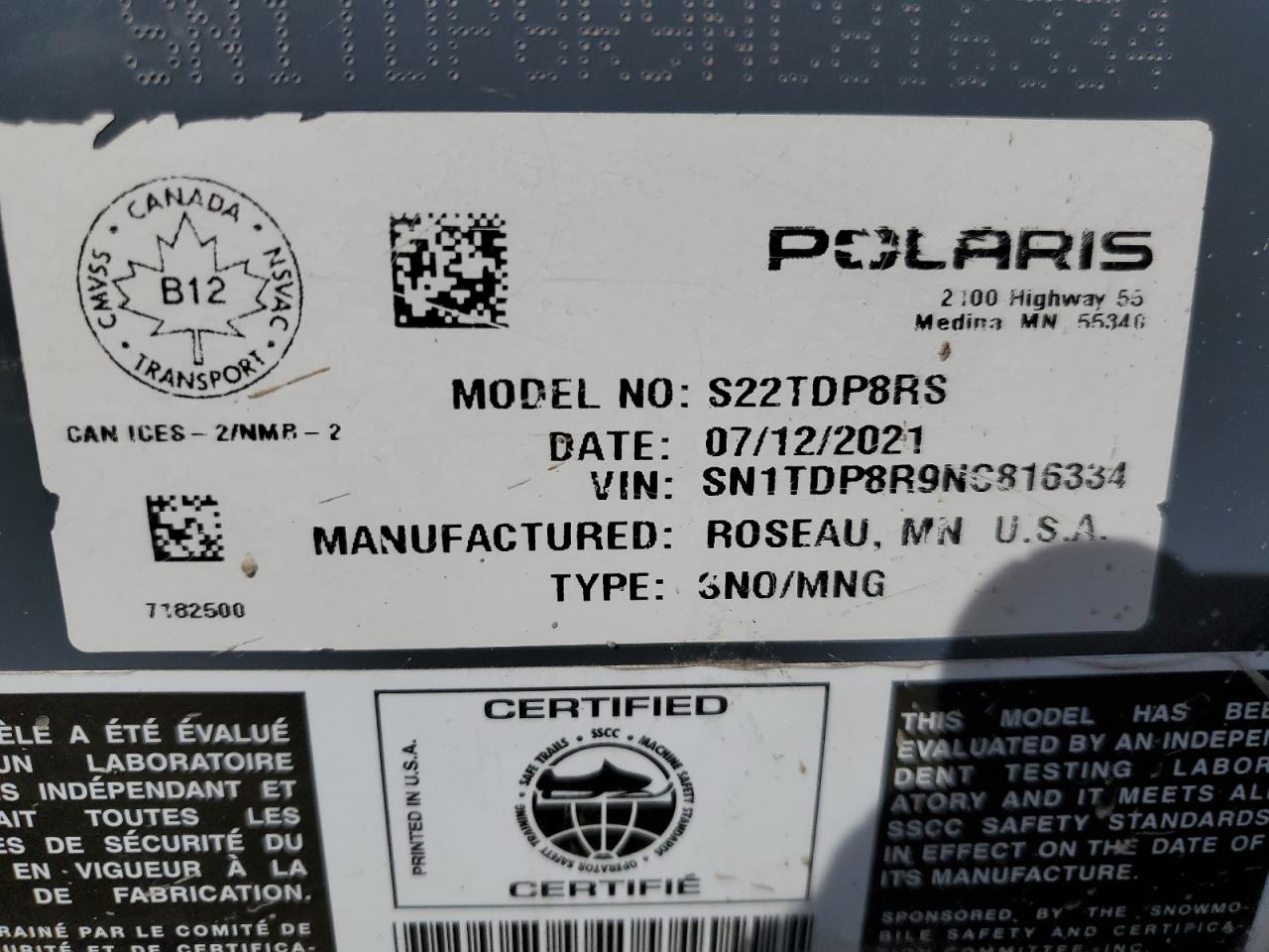 2022 Polaris X2 800 Efi VIN: SN1TDP8R9NC816334 Lot: 46988305