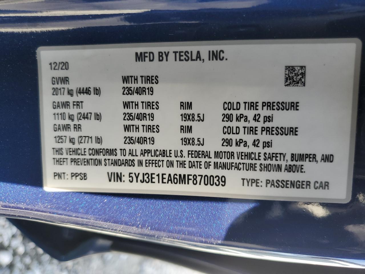 2021 Tesla Model 3 VIN: 5YJ3E1EA6MF870039 Lot: 47009965