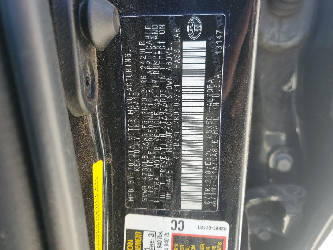 2019 Toyota Avalon Xle VIN: 4T1BZ1FB2KU003731 Lot: 49877005
