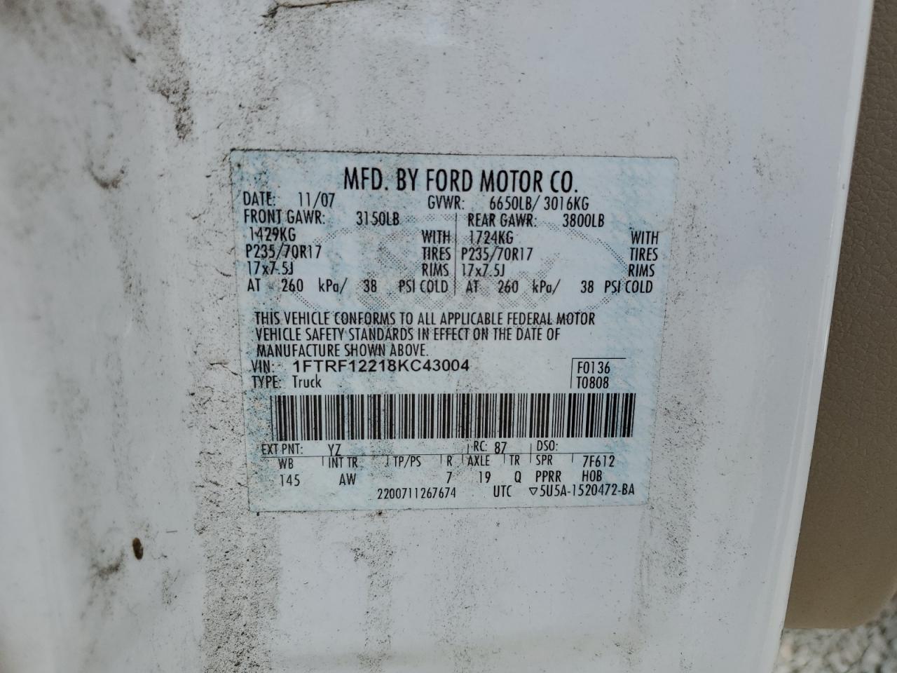 2008 Ford F150 VIN: 1FTRF12218KC43004 Lot: 50920315