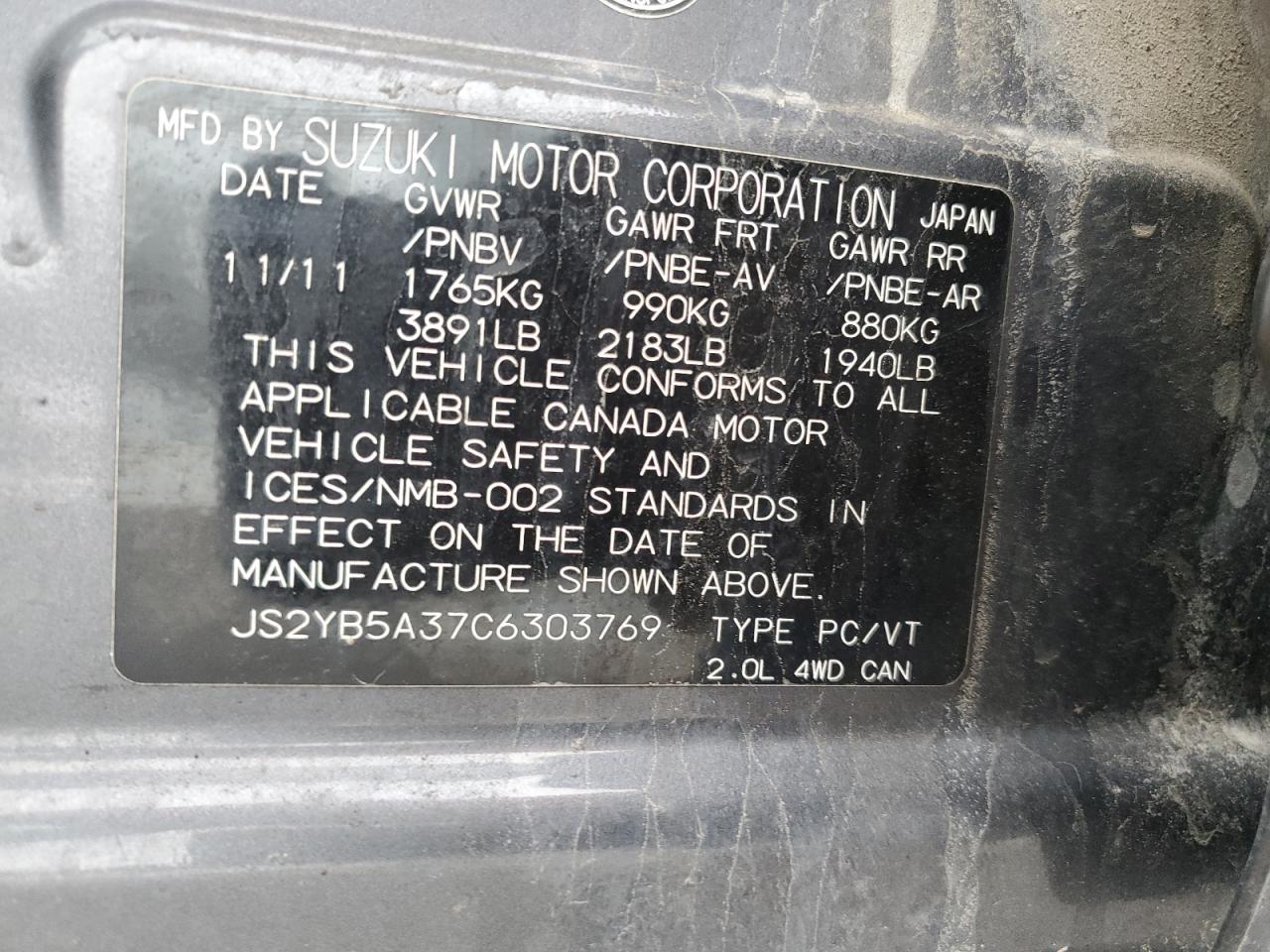 2012 Suzuki Sx4 VIN: JS2YB5A37C6303769 Lot: 48862615