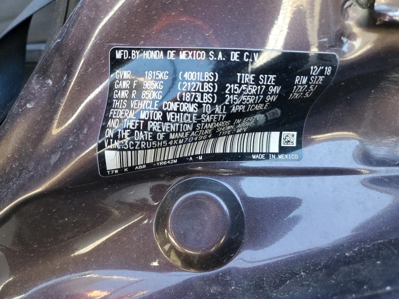 2019 Honda Hr-V Ex VIN: 3CZRU5H54KM704964 Lot: 47941865
