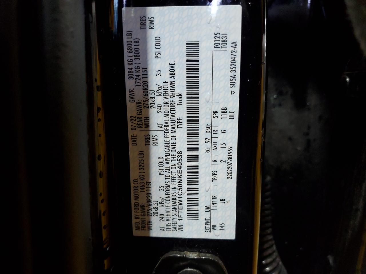 2022 Ford F150 Supercrew VIN: 1FTEW1C50NKE40538 Lot: 47670175