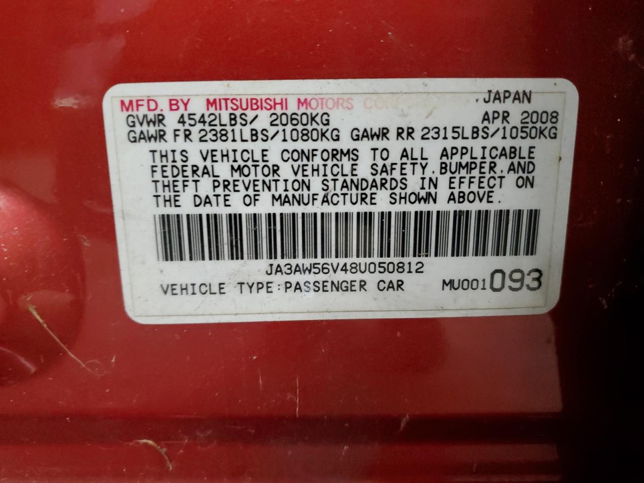 2008 Mitsubishi Lancer Evolution Mr VIN: JA3AW56V48U050812 Lot: 51180425