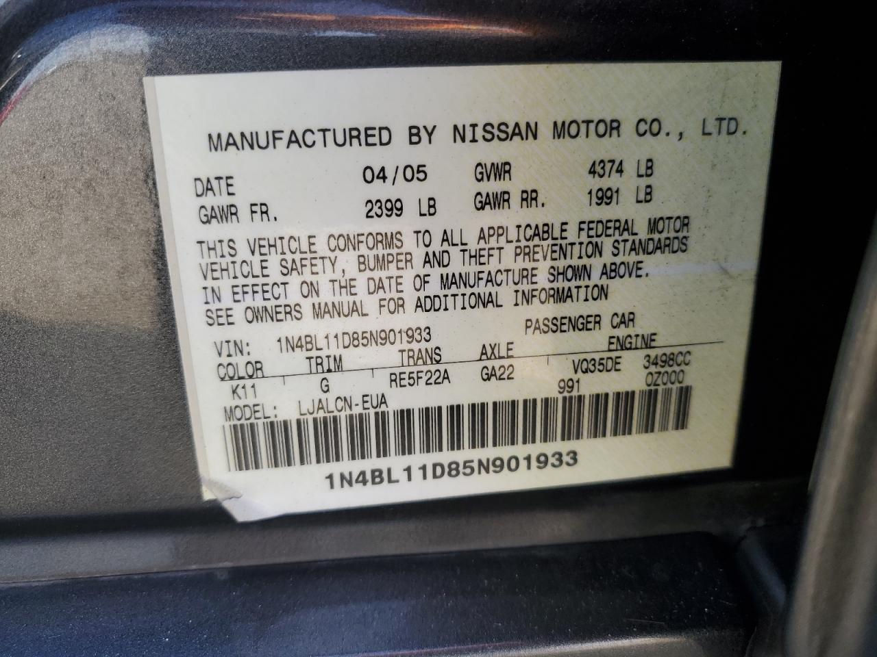 2005 Nissan Altima Se VIN: 1N4BL11D85N901933 Lot: 50359635