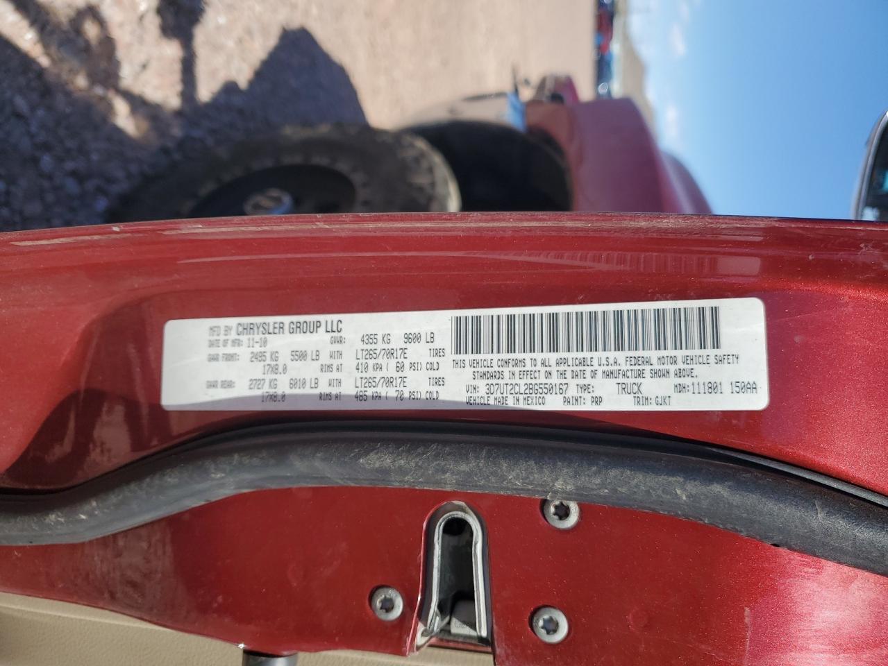 2011 Dodge Ram 2500 VIN: 3D7UT2CL2BG550167 Lot: 49784655
