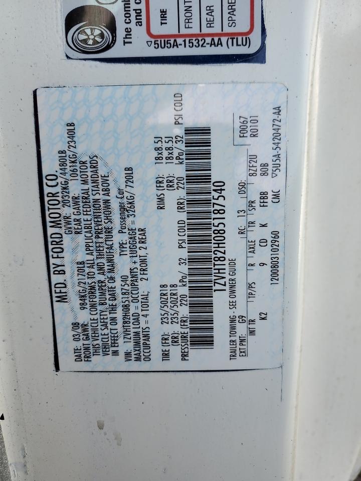2008 Ford Mustang Gt VIN: 1ZVHT82H085187540 Lot: 47846435