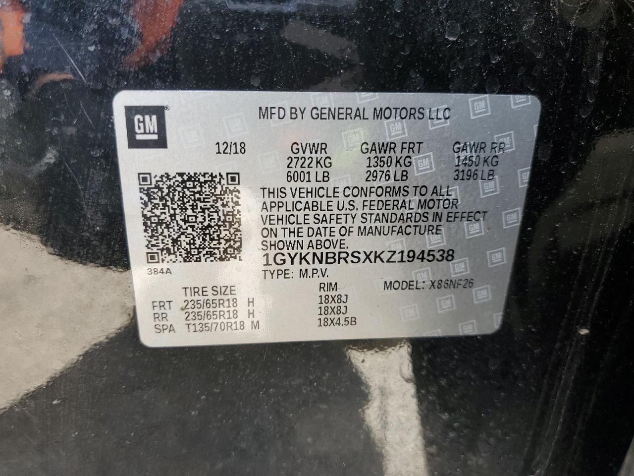 2019 Cadillac Xt5 VIN: 1GYKNBRSXKZ194538 Lot: 47940475
