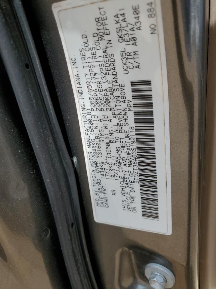 2003 Toyota Sequoia Limited VIN: 5TDZT38A63S192118 Lot: 57279075