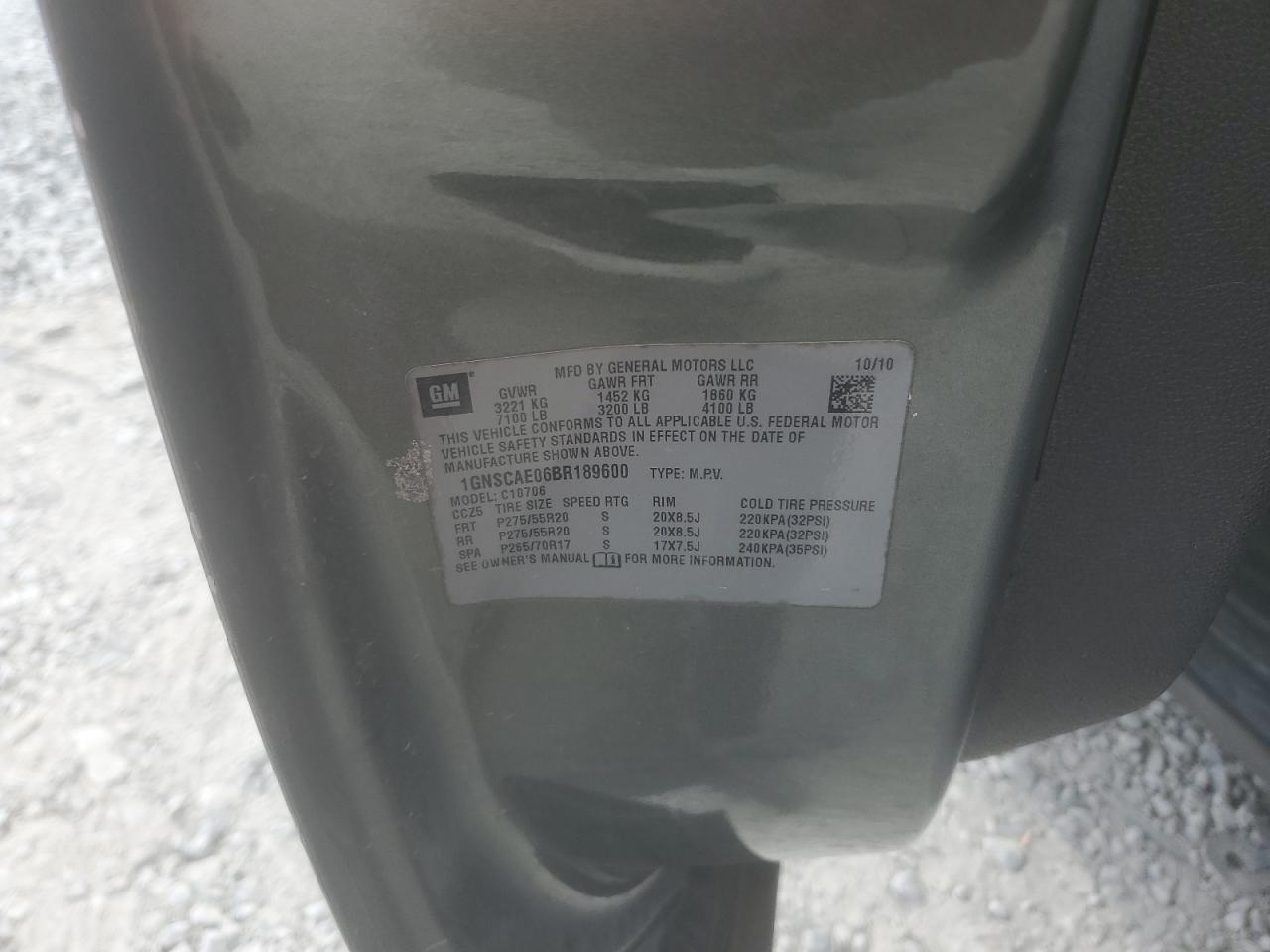 2011 Chevrolet Tahoe C1500 Ls VIN: 1GNSCAE06BR189600 Lot: 49734585