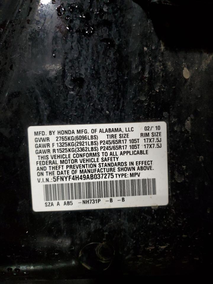 2010 Honda Pilot Ex VIN: 5FNYF4H49AB037275 Lot: 50426745