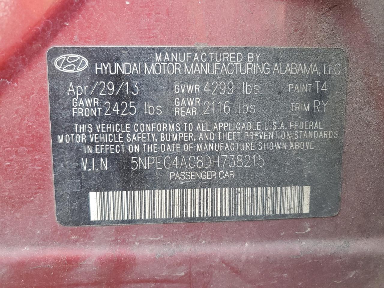 2013 Hyundai Sonata Se VIN: 5NPEC4AC8DH738215 Lot: 55055705