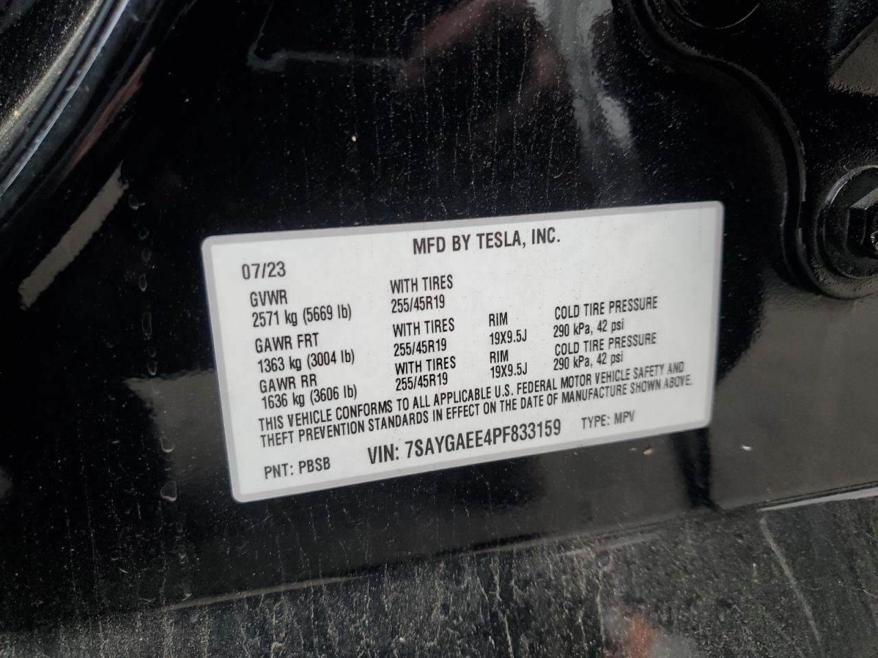 2023 Tesla Model Y VIN: 7SAYGAEE4PF833159 Lot: 47582255