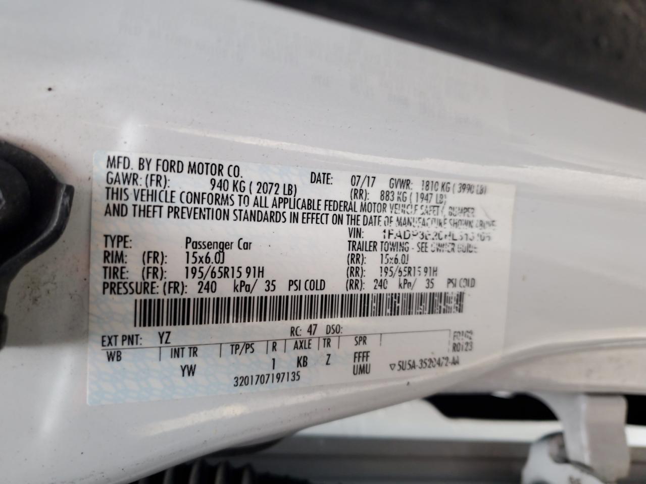 2017 Ford Focus S VIN: 1FADP3E20HL313106 Lot: 49986815