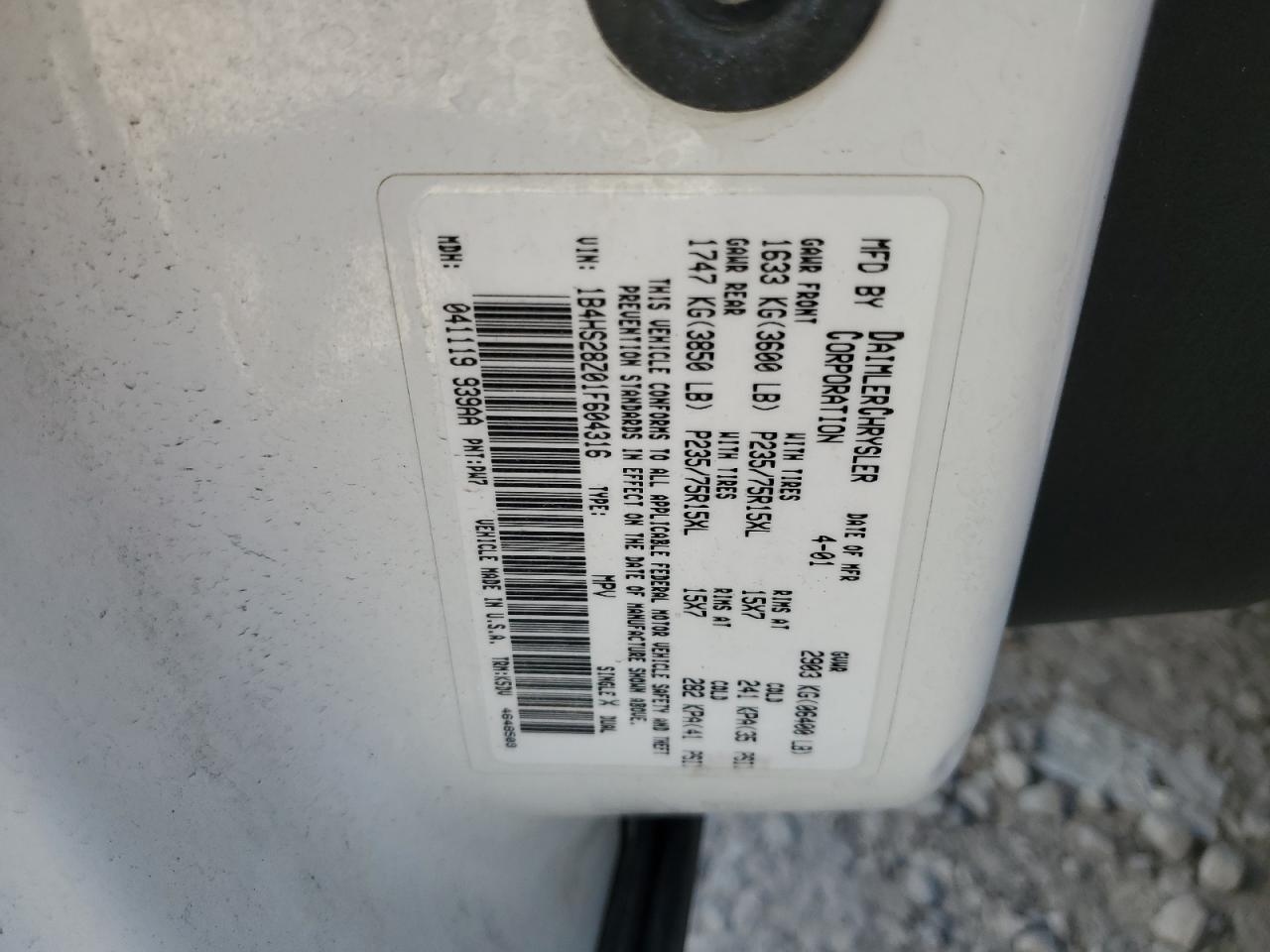 2001 Dodge Durango VIN: 1B4HS28Z01F604316 Lot: 50384445