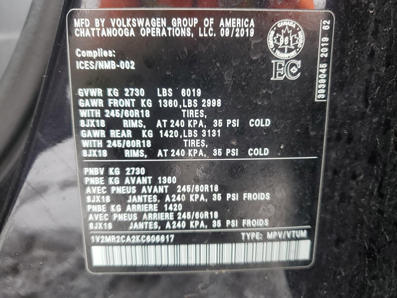 2019 Volkswagen Atlas Sel VIN: 1V2MR2CA2KC606617 Lot: 47283925