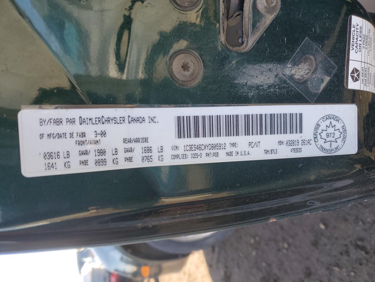 2000 Chrysler Neon Le VIN: 1C3ES46CXYD805912 Lot: 48211675