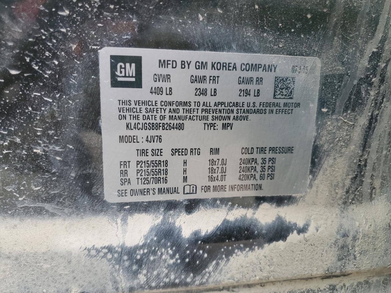2015 BUICK ENCORE with FRONT END damage, VIN KL4CJGSB8FB264480