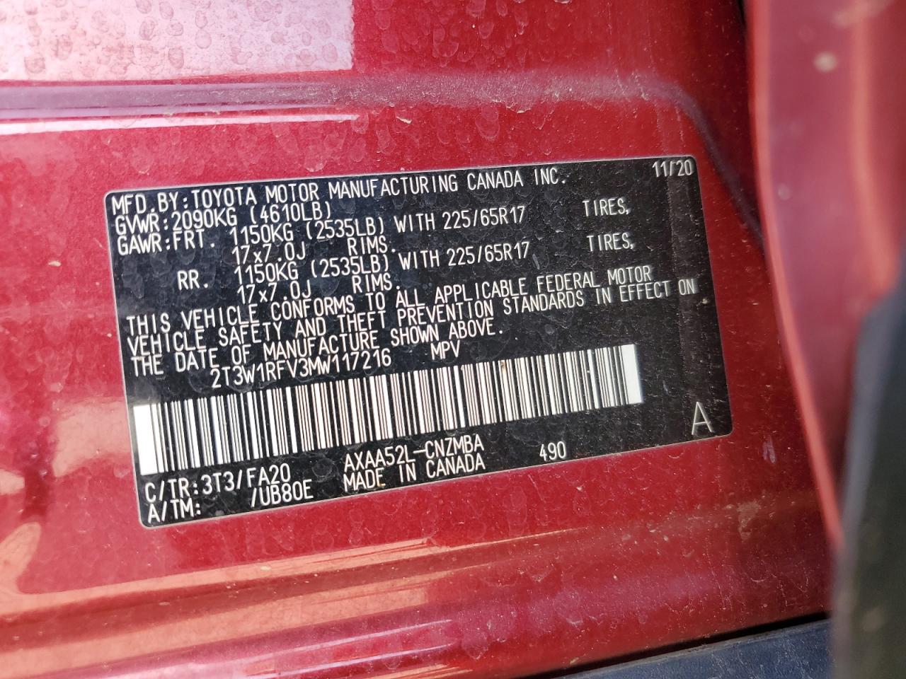 2T3W1RFV3MW117216 TOYOTA RAV4 2021