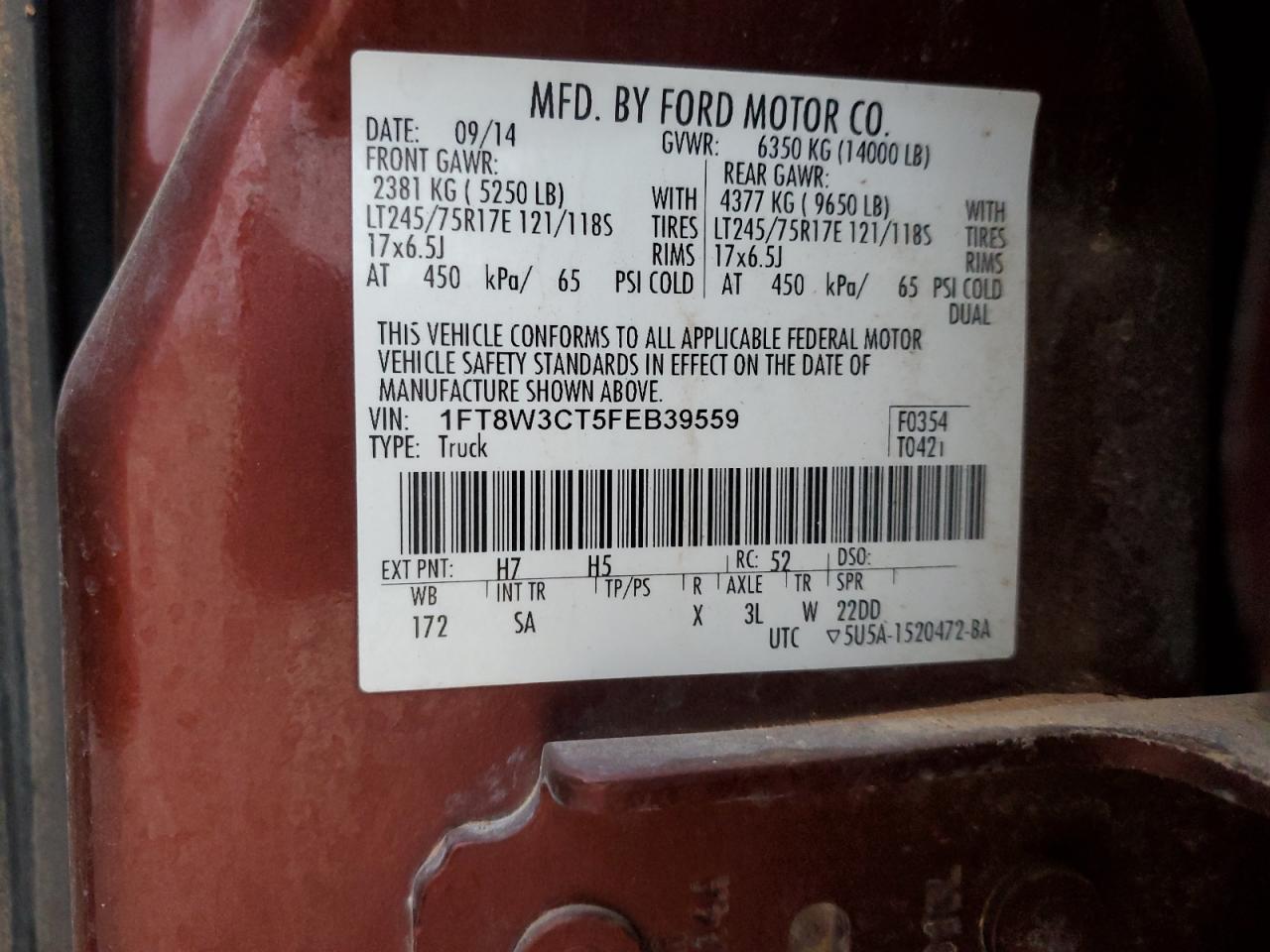 2015 Ford F350 Super Duty VIN: 1FT8W3CT5FEB39559 Lot: 49436325