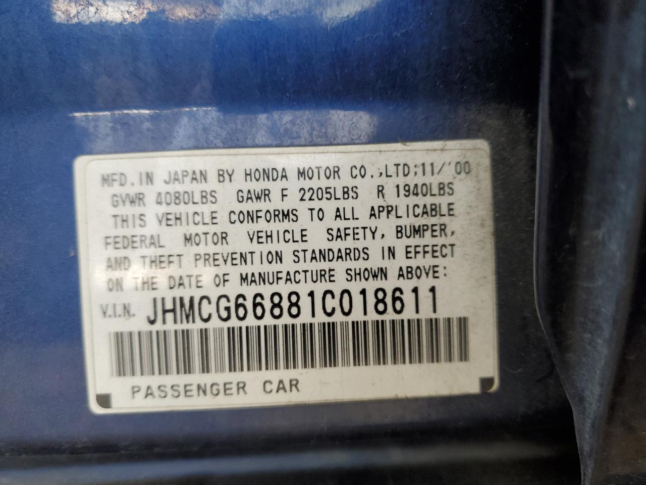 2001 Honda Accord Ex VIN: JHMCG66881C018611 Lot: 50801665