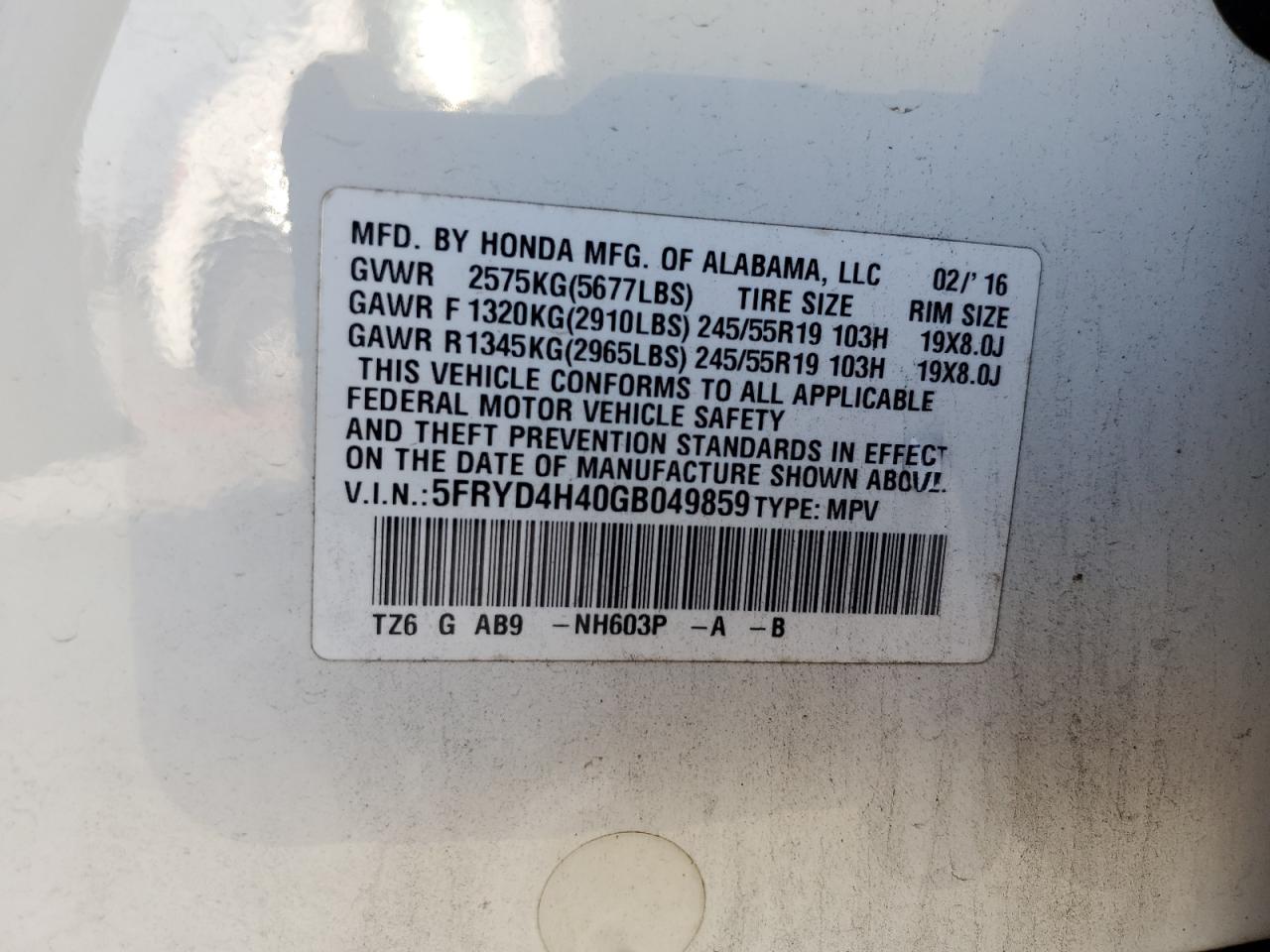 2016 Acura Mdx Technology VIN: 5FRYD4H40GB049859 Lot: 51131875