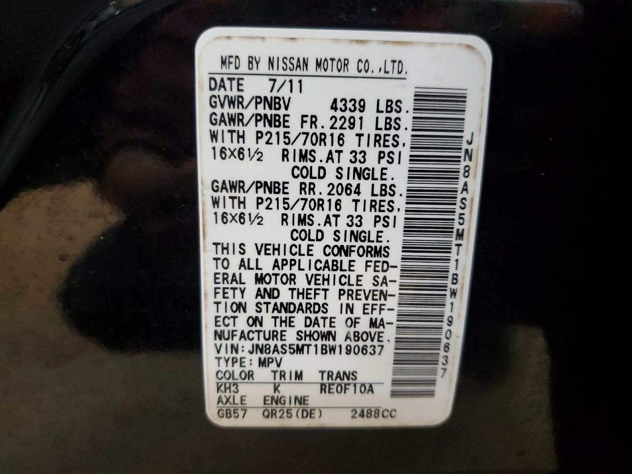 2011 Nissan Rogue S VIN: JNBAS5MT1BW190637 Lot: 49696265