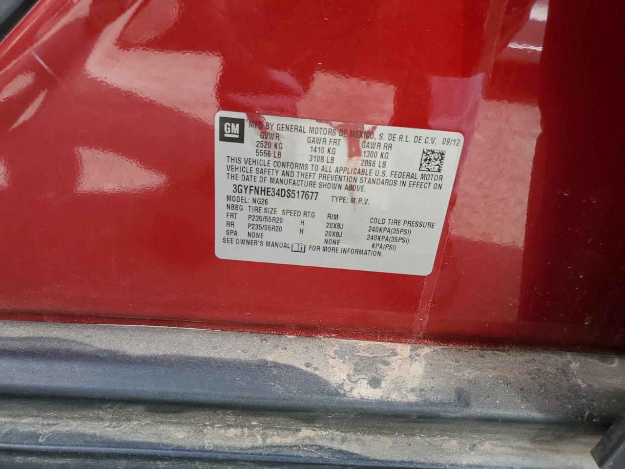 2013 Cadillac Srx Performance Collection VIN: 3GYFNHE34DS517677 Lot: 50057855