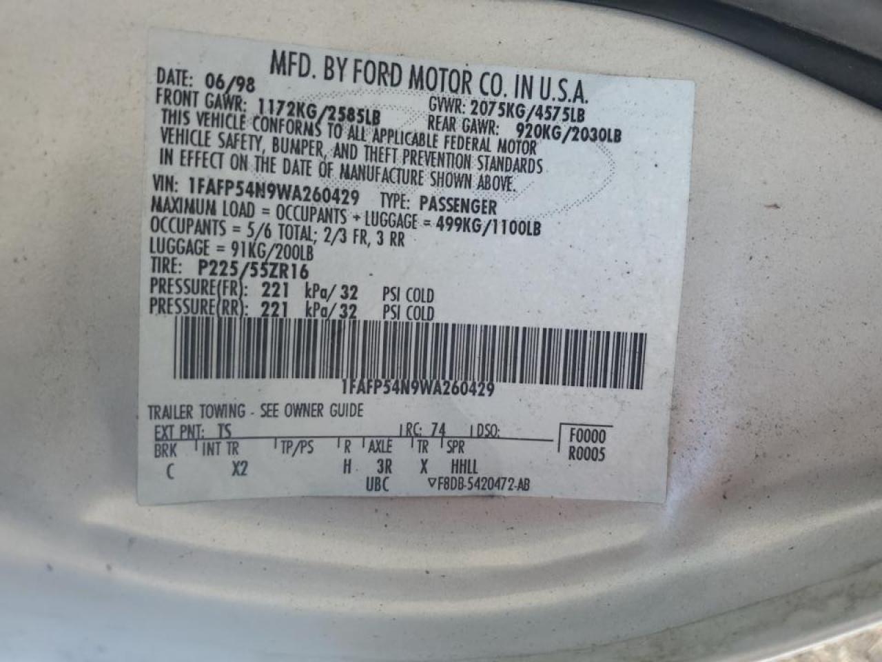 1FAFP54N9WA260429 1998 Ford Taurus Sho