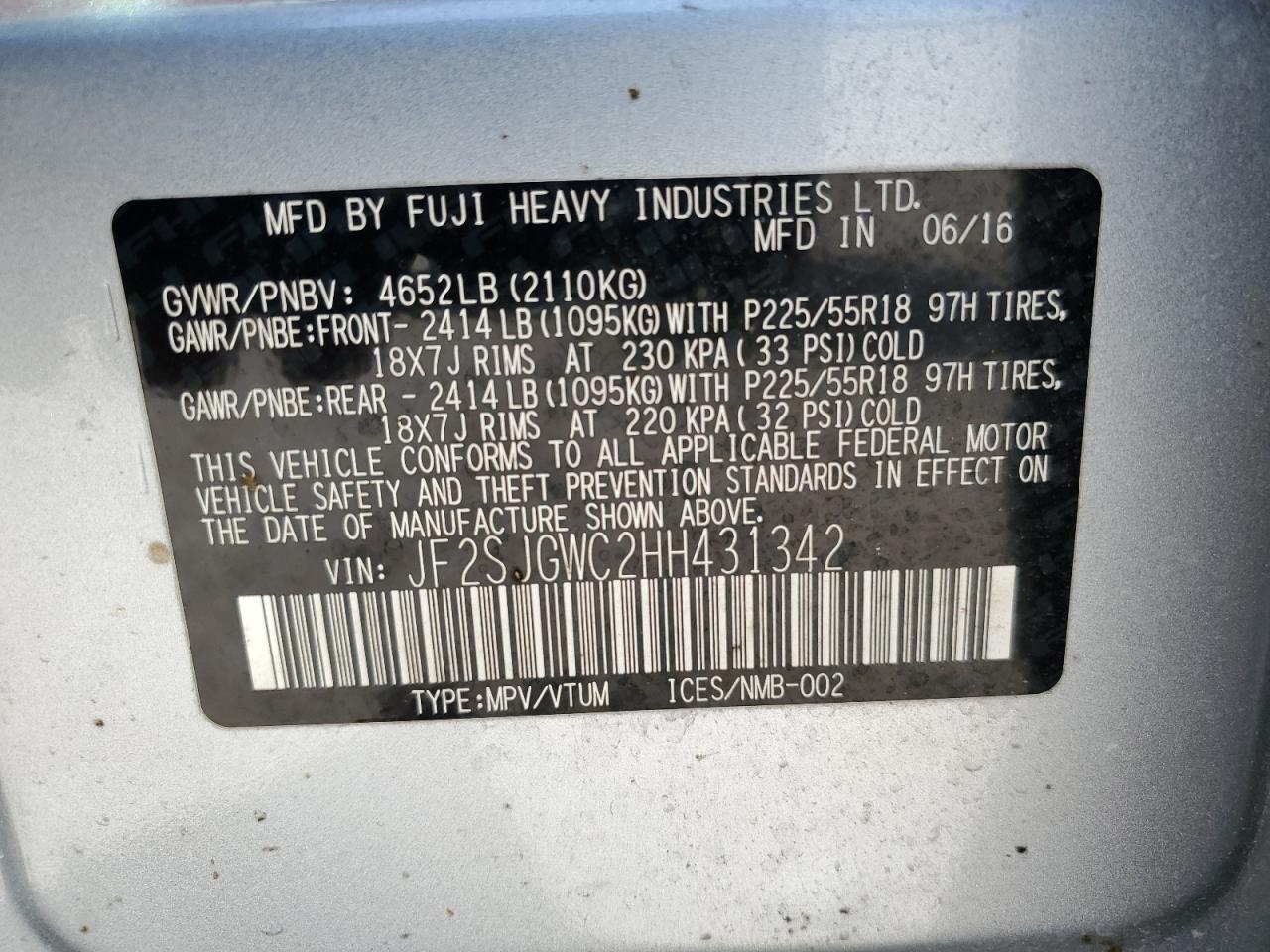 2017 Subaru Forester 2.0Xt Touring VIN: JF2SJGWC2HH431342 Lot: 50216305