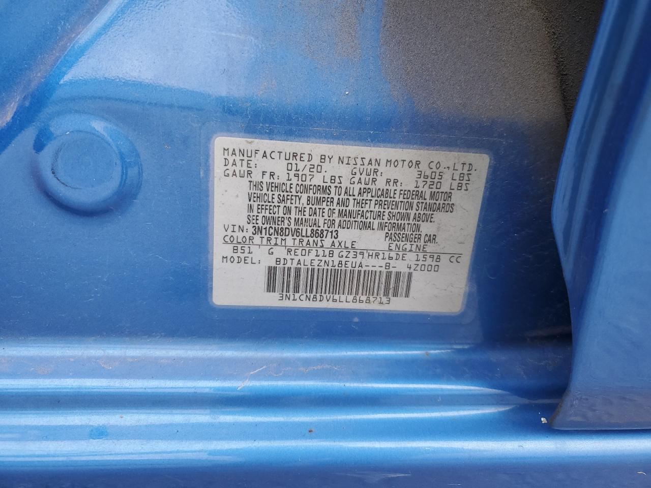 2020 Nissan Versa S VIN: 3N1CN8DV6LL868713 Lot: 51139385