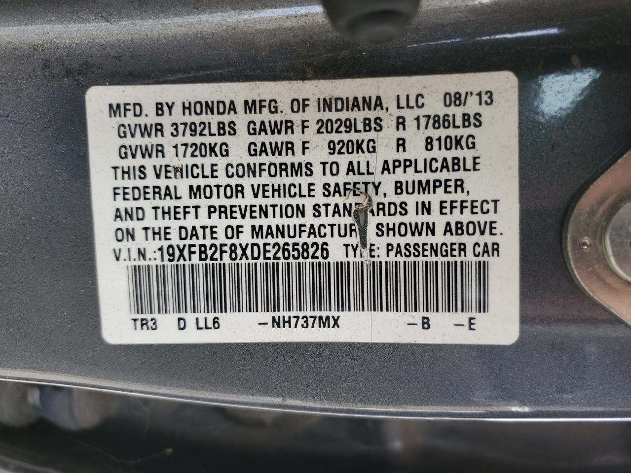 2013 Honda Civic Ex VIN: 19XFB2F8XDE265826 Lot: 65563425