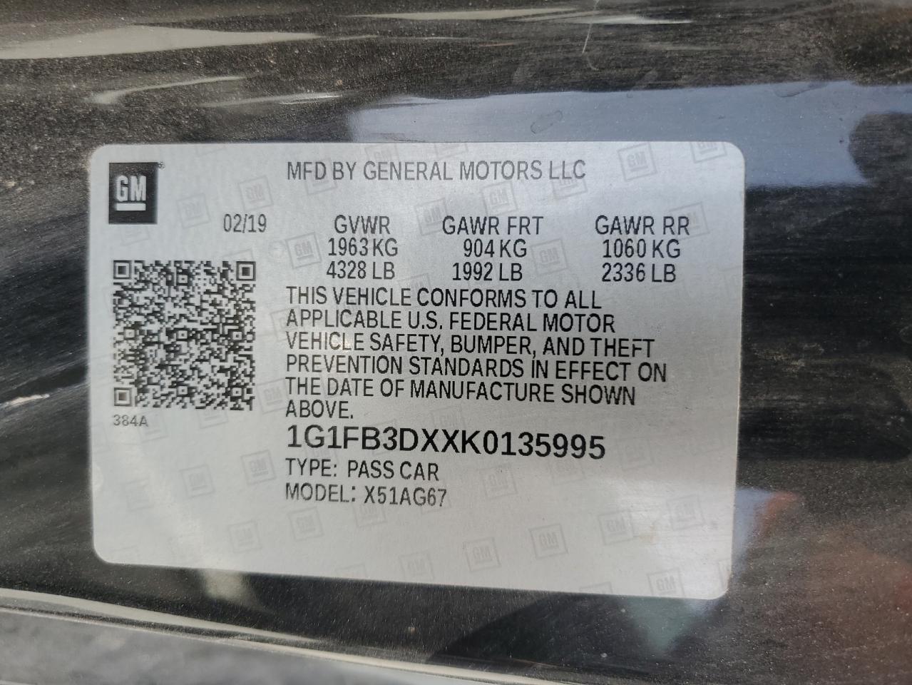 2019 Chevrolet Camaro Ls VIN: 1G1FB3DXXK0135995 Lot: 51190475