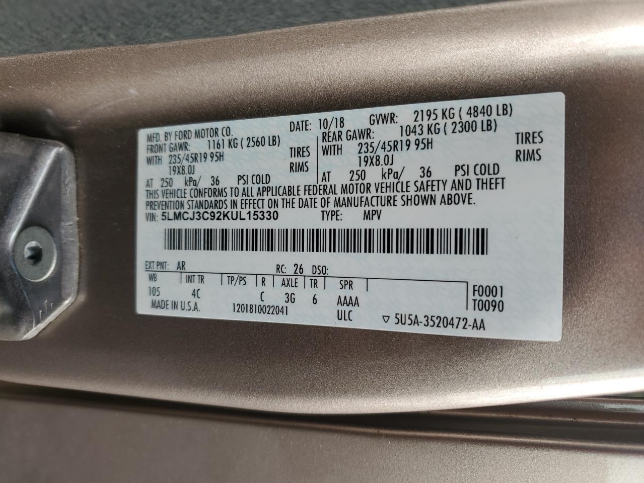 2019 Lincoln Mkc Reserve VIN: 5LMCJ3C92KUL15330 Lot: 48451155