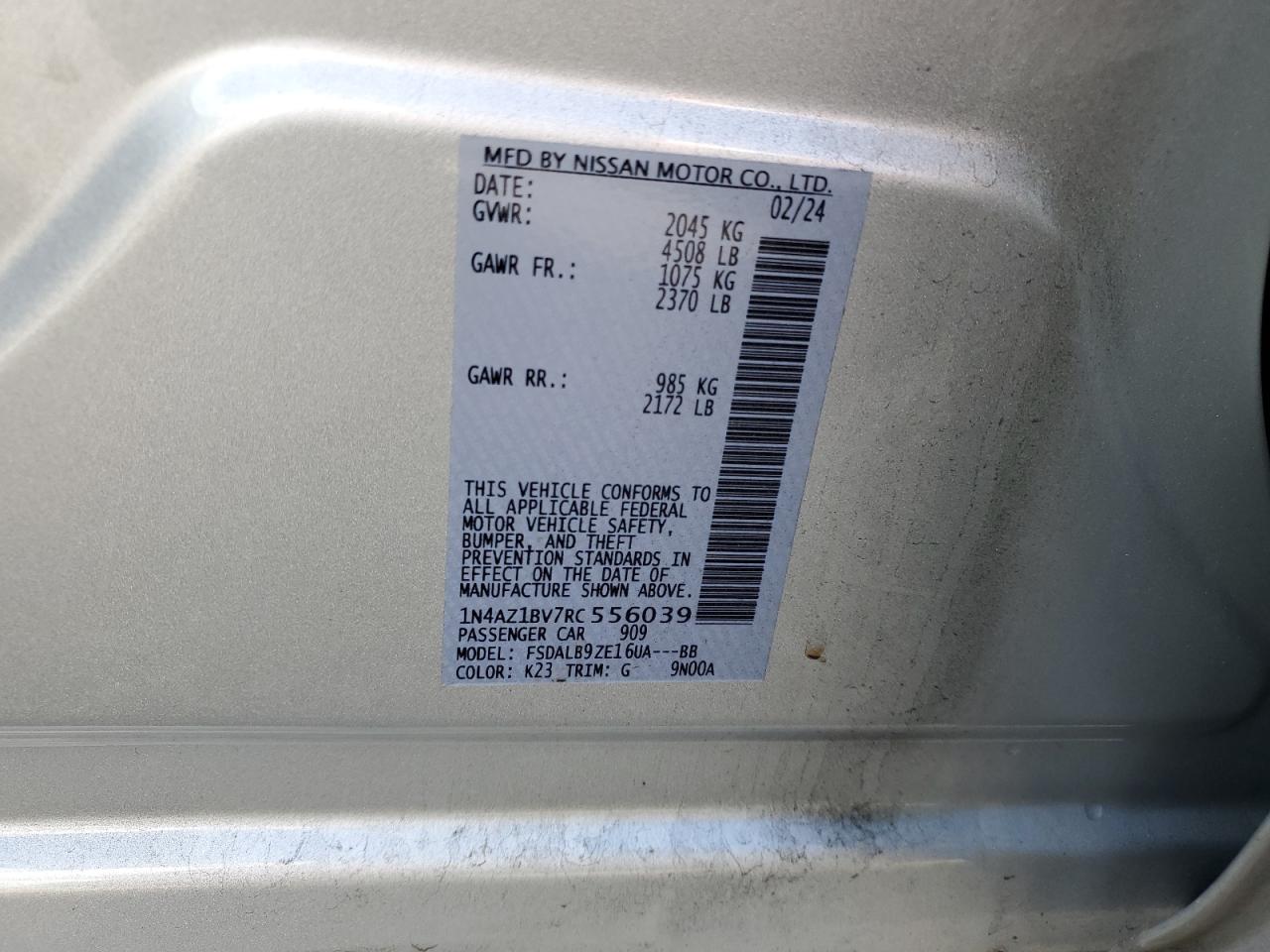 2024 Nissan Leaf S VIN: 1N4AZ1BV7RC556039 Lot: 49458035
