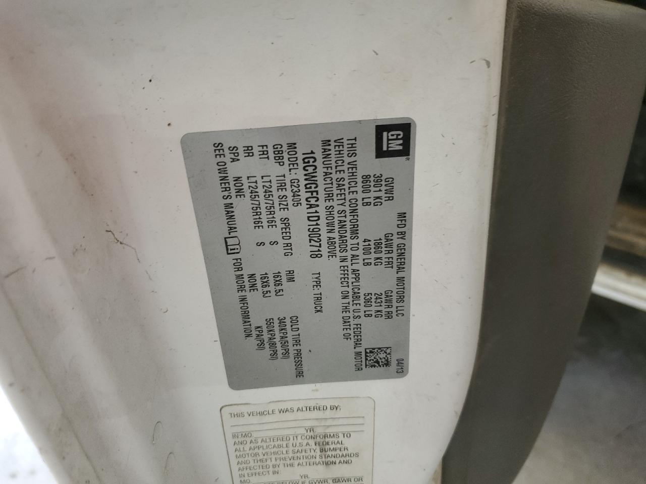 2013 Chevrolet Express G2500 VIN: 1GCWGFCA1D1902718 Lot: 50549215