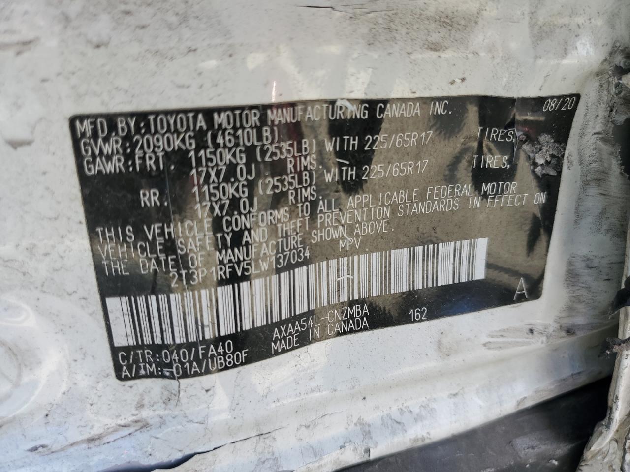 2020 Toyota Rav4 Xle VIN: 2T3P1RFV5LW137034 Lot: 50709555
