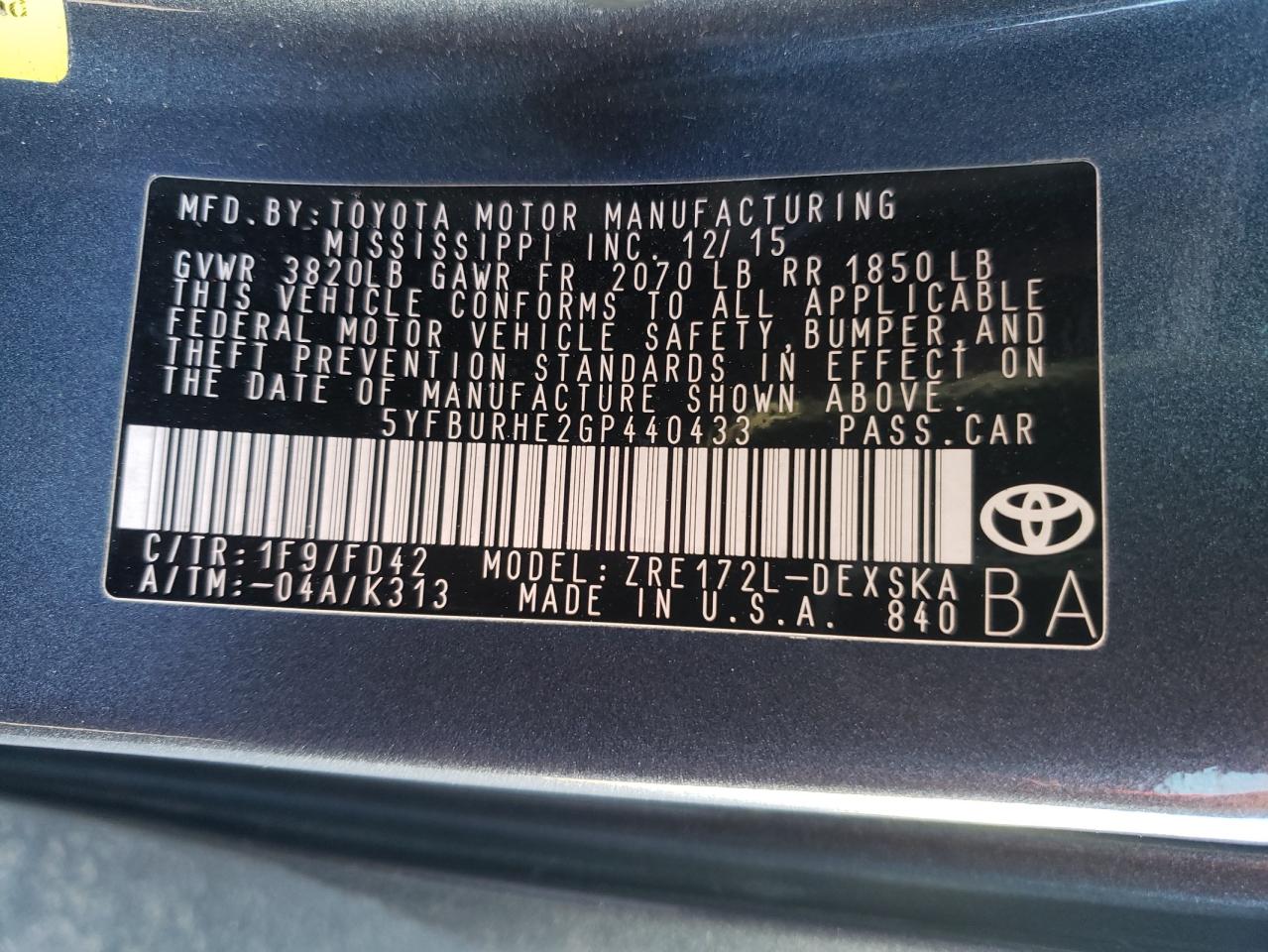 2016 Toyota Corolla L VIN: 5YFBURHE2GP440433 Lot: 47952585