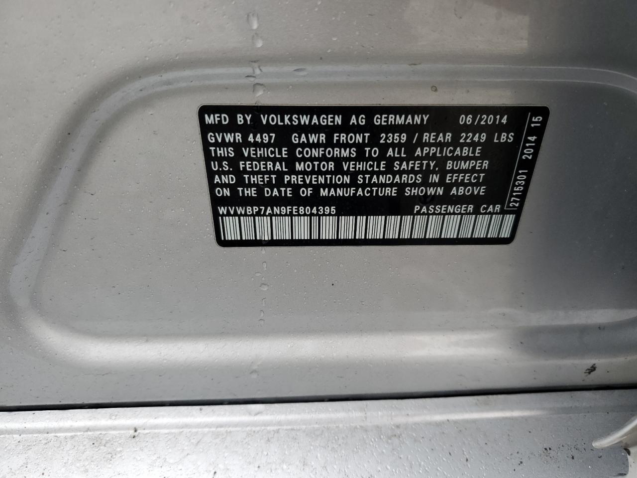 2015 Volkswagen Cc Sport VIN: WVWBP7AN9FE804395 Lot: 47865685