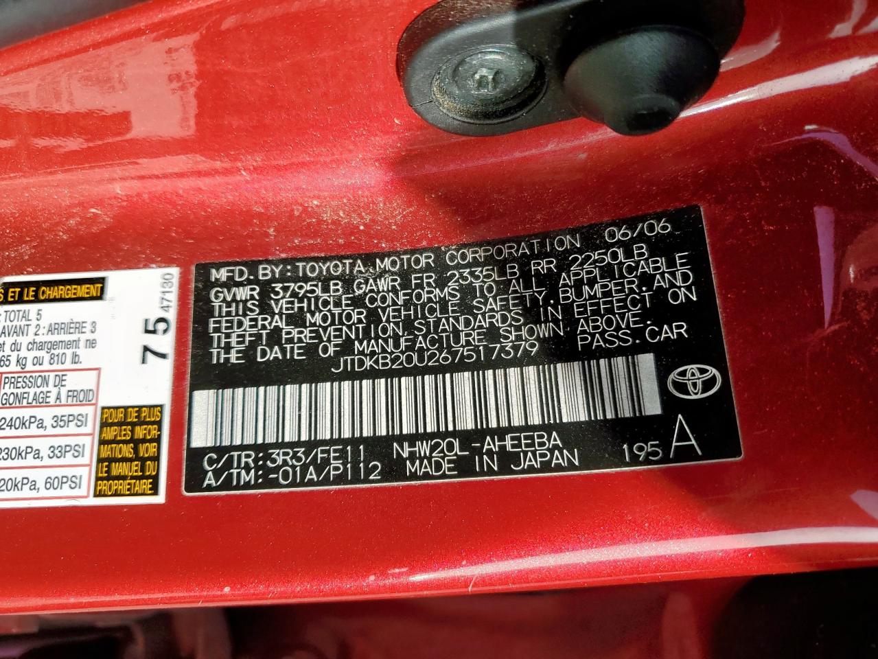 2006 Toyota Prius VIN: JTDKB20U267517379 Lot: 50347195