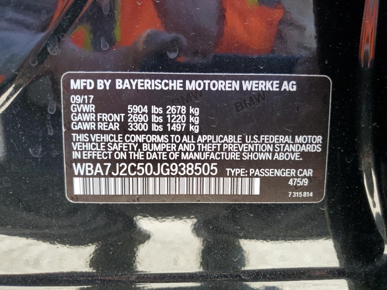 2018 BMW 740 Xe VIN: WBA7J2C50JG938505 Lot: 50485725