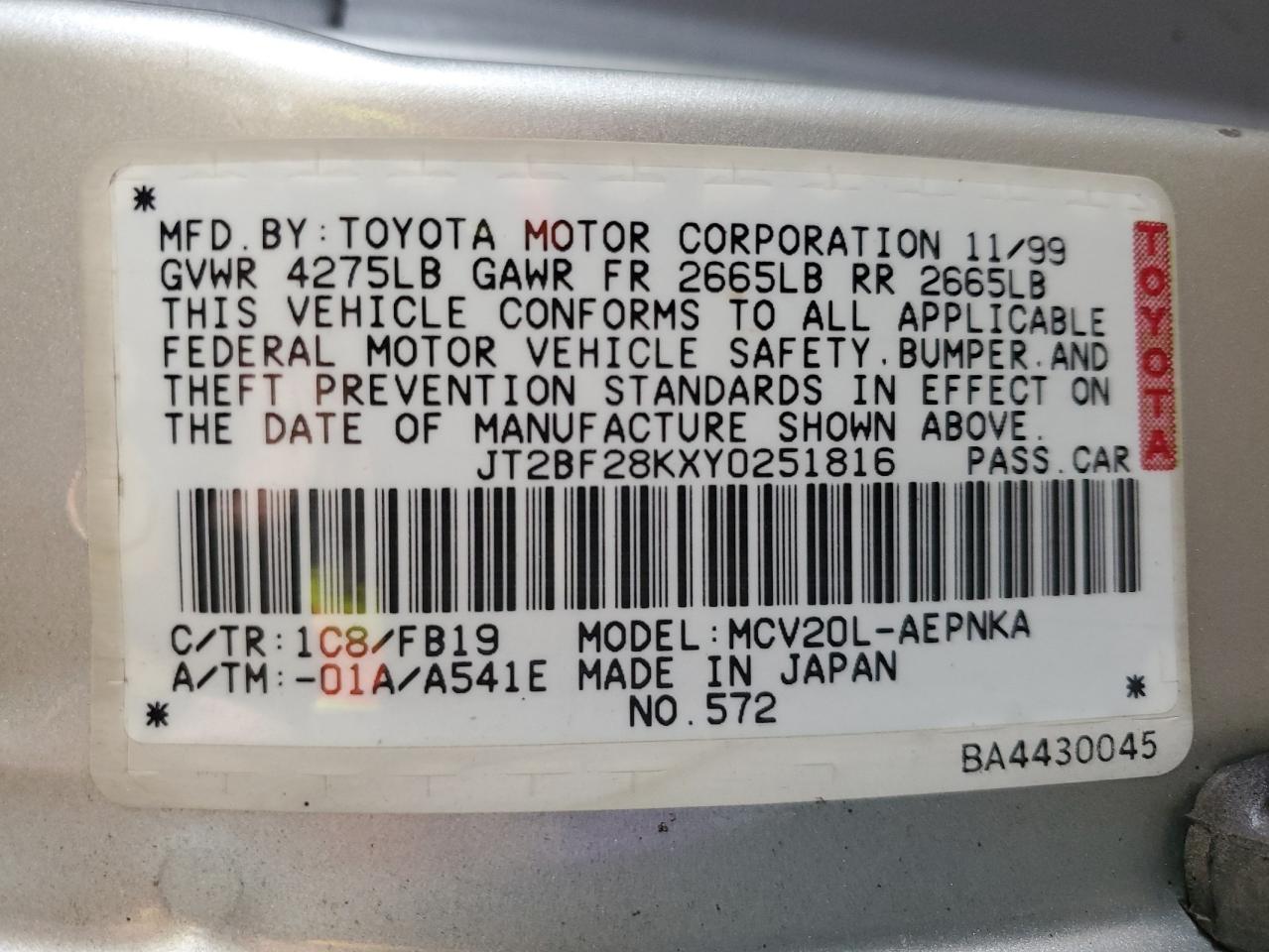 2000 Toyota Camry Le VIN: JT2BF28KXY0251816 Lot: 50735475