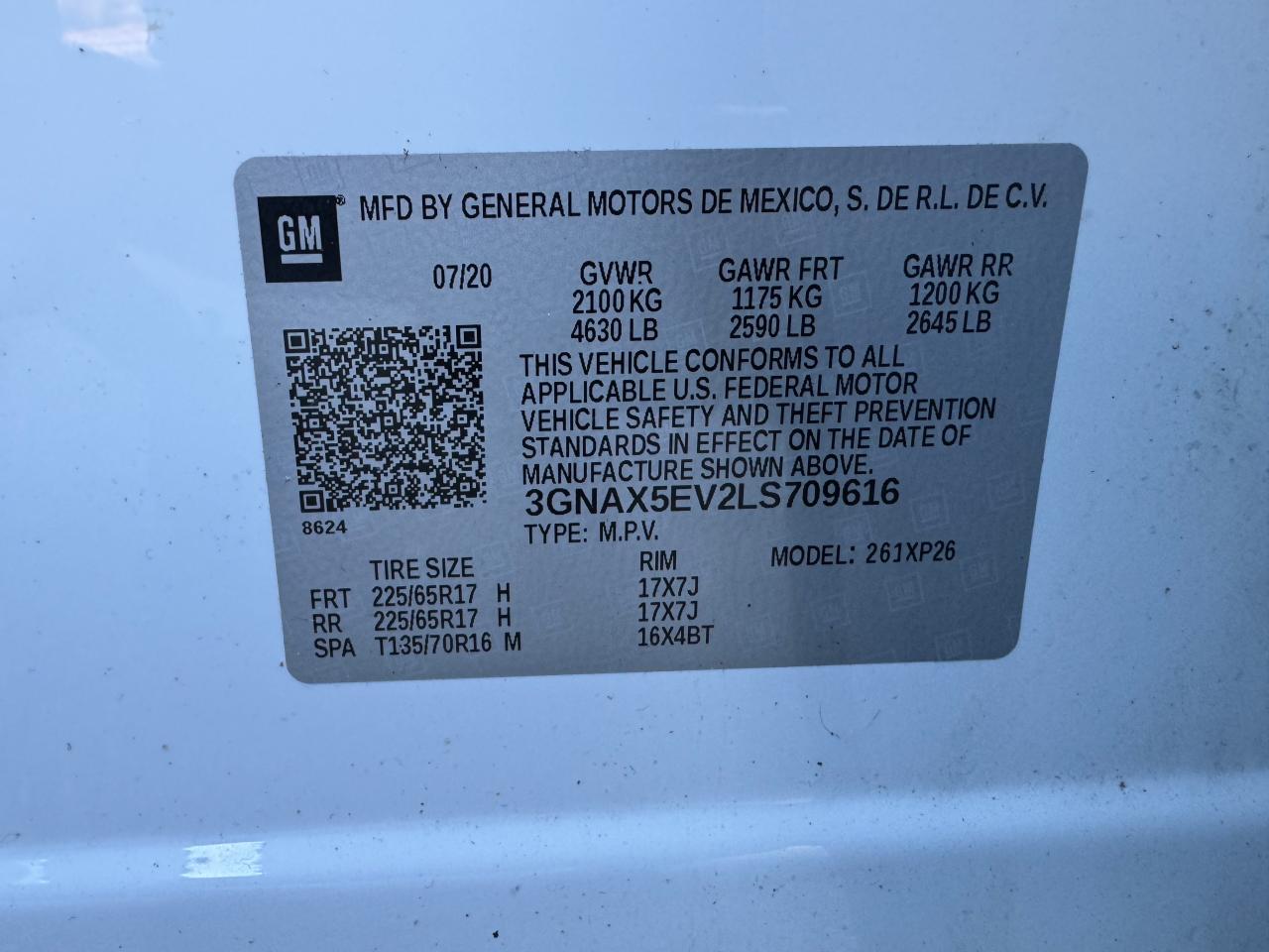 VIN: 3GNAX5EV2LS709616 2020 CHEVROLET EQUINOX