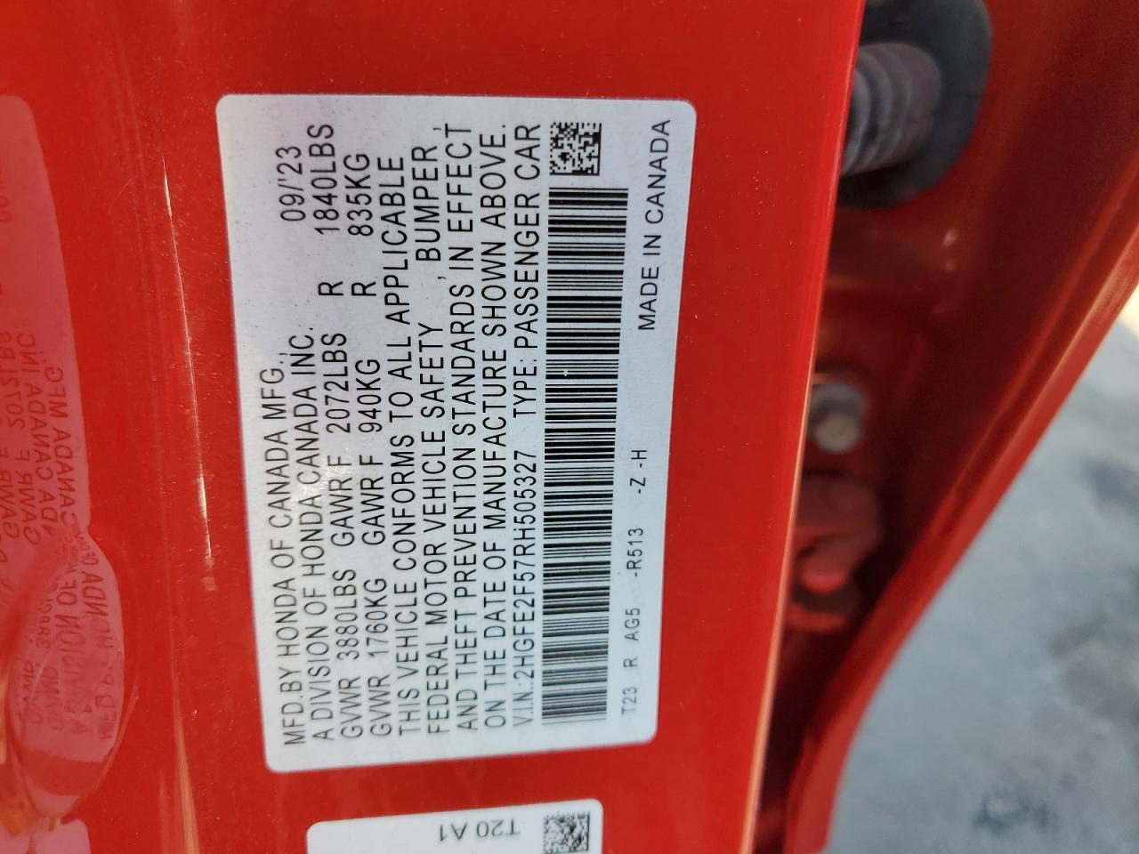 2024 Honda Civic Sport VIN: 2HGFE2F57RH505327 Lot: 49027915